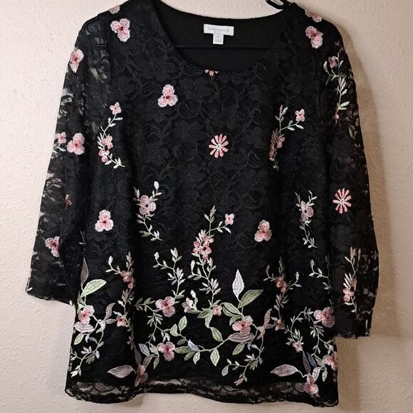 Charter Club black floral embriodered blouse size medium - Picture 1 of 8